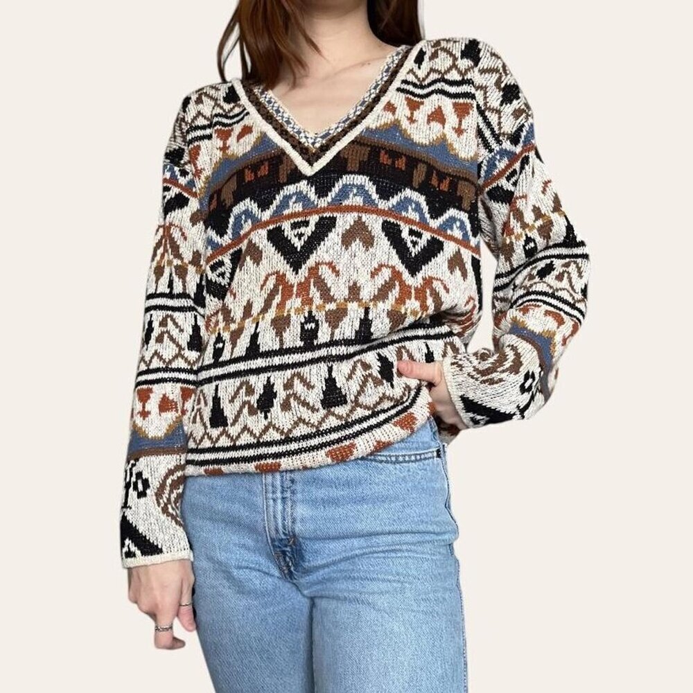 90s vintage multi-patterned neutral knit sweater Croquet Club - Medium - Picture 1 of 7